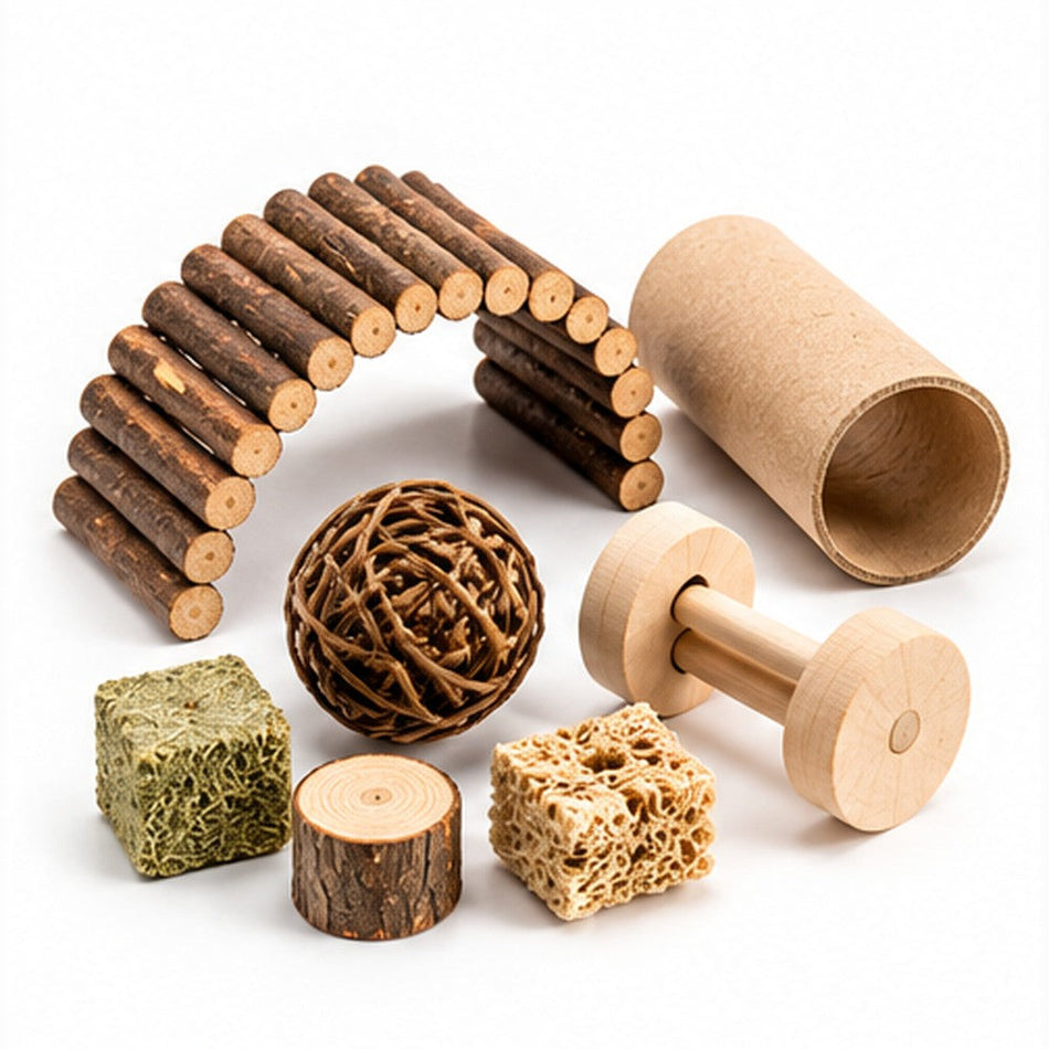 Juguetes naturales de madera y túneles para roedores