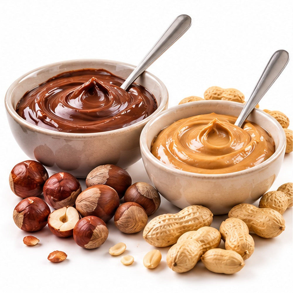 Crema de cacao y crema de cacahuete con frutos secos