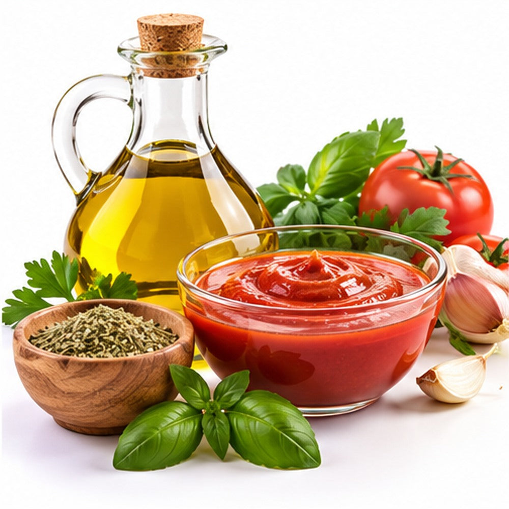 Aceite de oliva y salsa de tomate con especias y hierbas