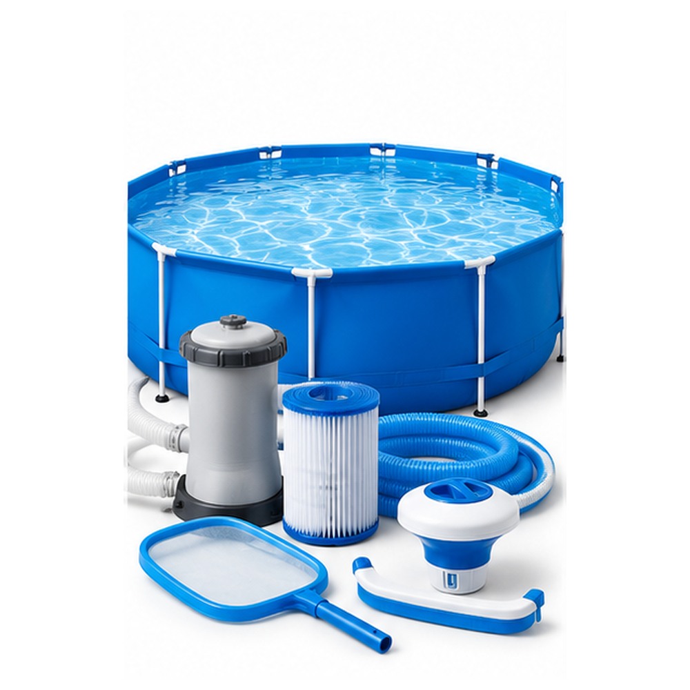 Piscina con accesorios, filtros, bomba y materiales de limpieza de piscinas