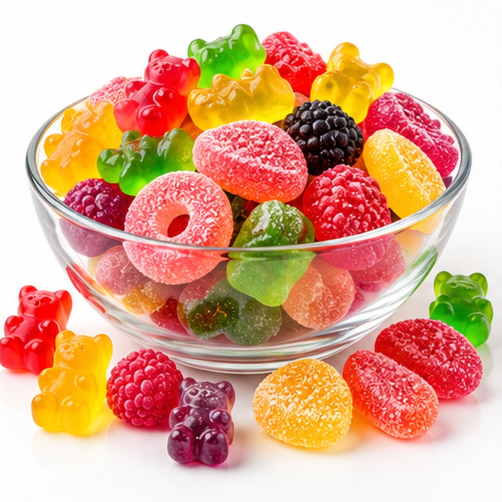 Golosinas de colores sin envoltorios en recipiente transparente