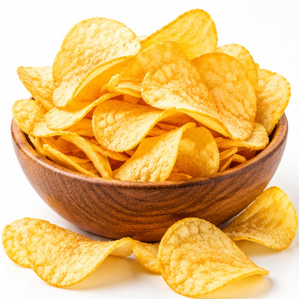 Patatas fritas crujientes en cuenco de madera, sin bolsa