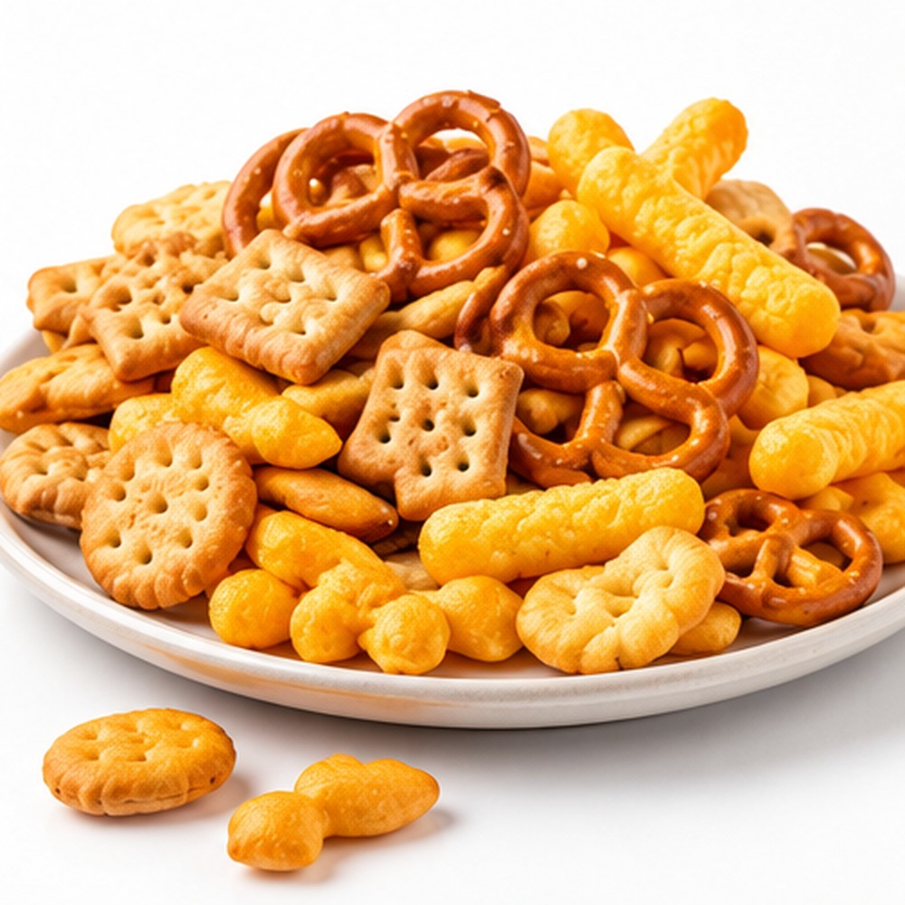 Aperitivos salados, pretzels, galletitas y snacks variados sin envases