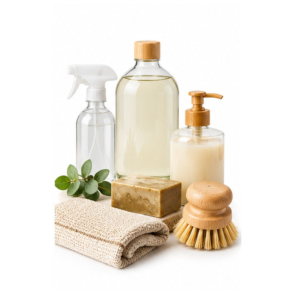 Productos ecológicos de limpieza, jabón y textiles reutilizables