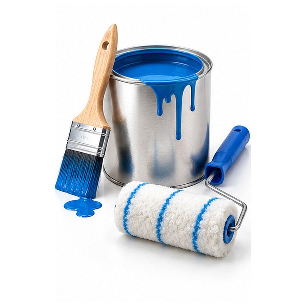 Pintura azul en bote abierto, rodillo y brocha, sin marcas