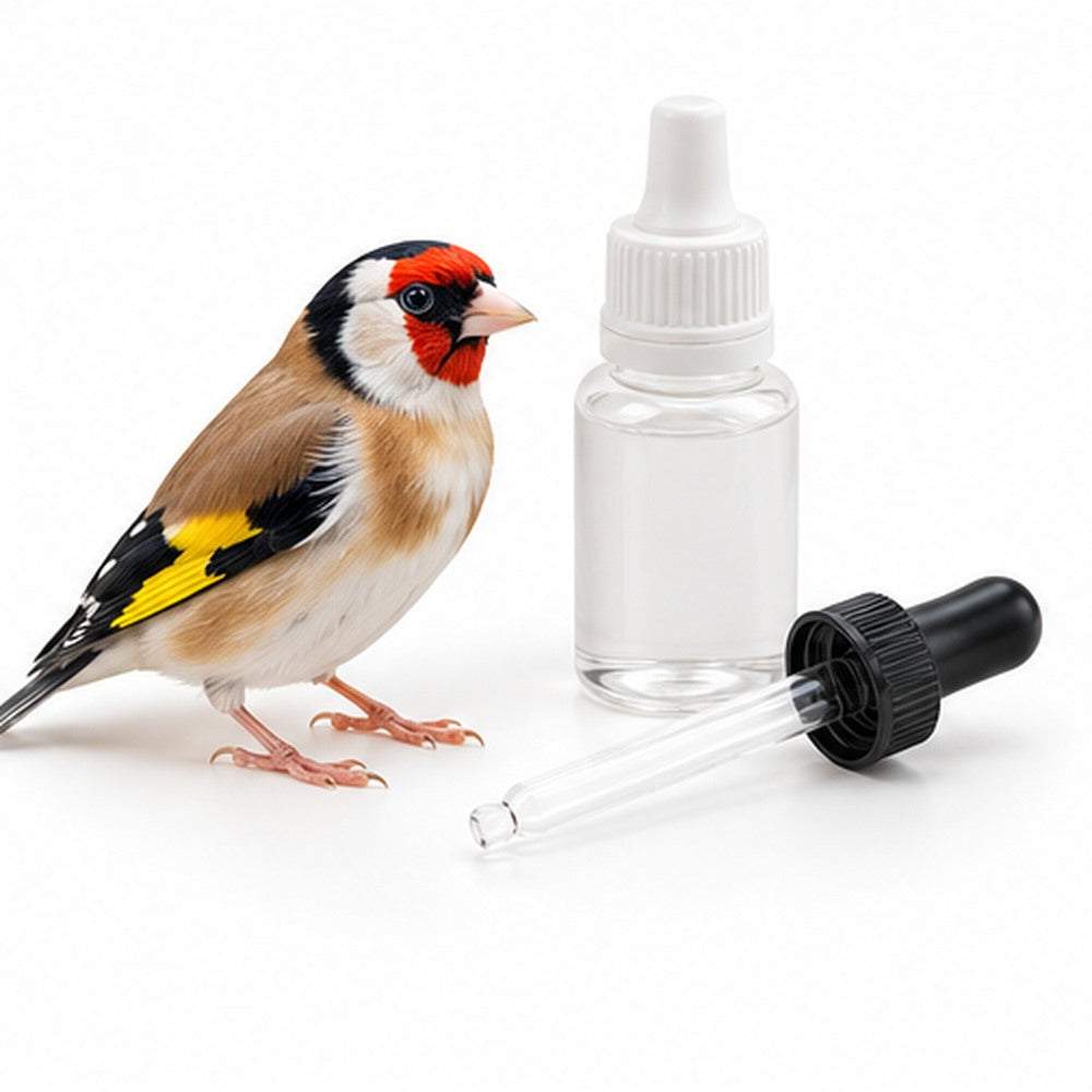Jilguero y frascos de gotas para cuidado y tratamientos de aves