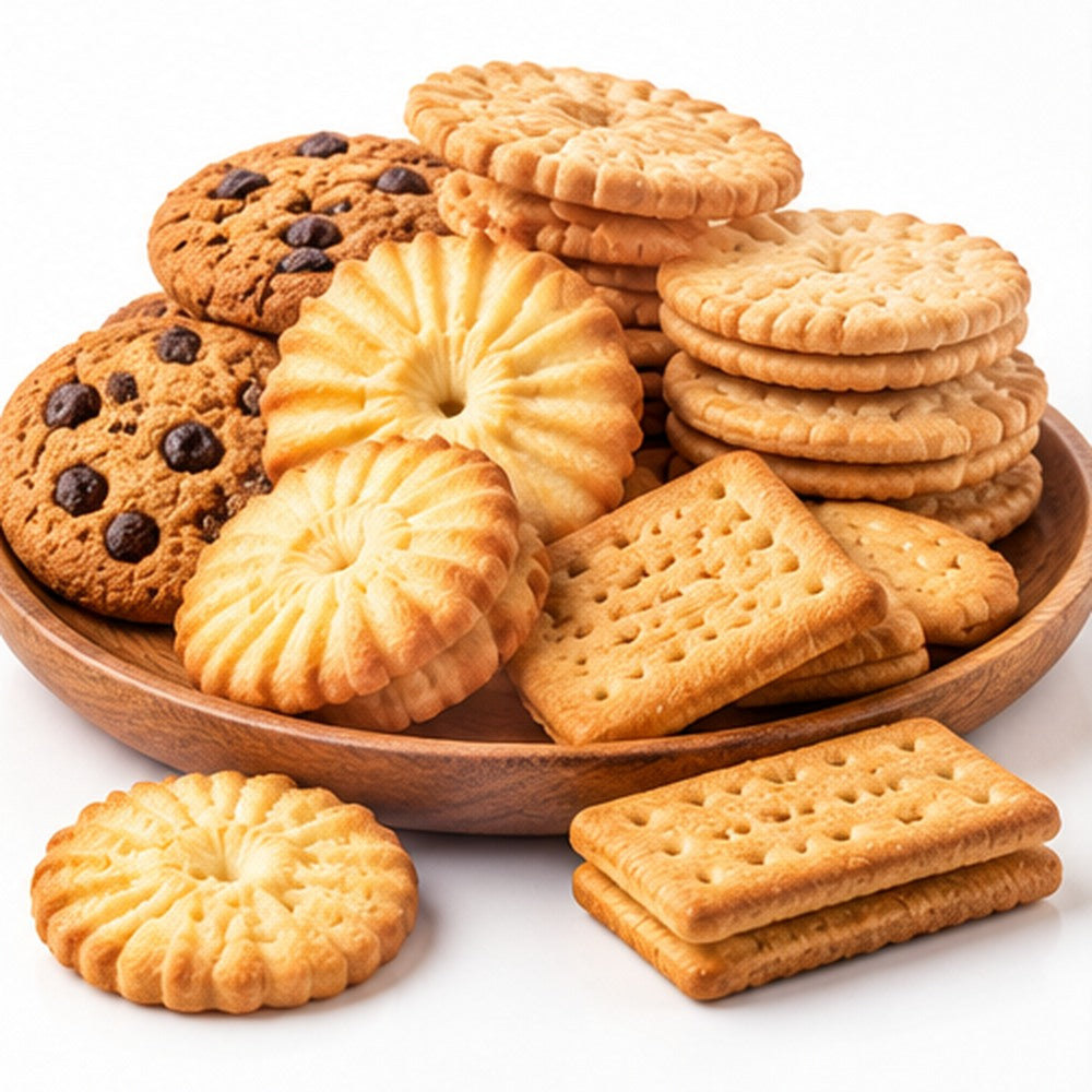 Galletas y bizcochos variados sobre plato de madera