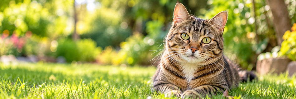 Gato atigrado en un jardín verde, productos y accesorios para gatos