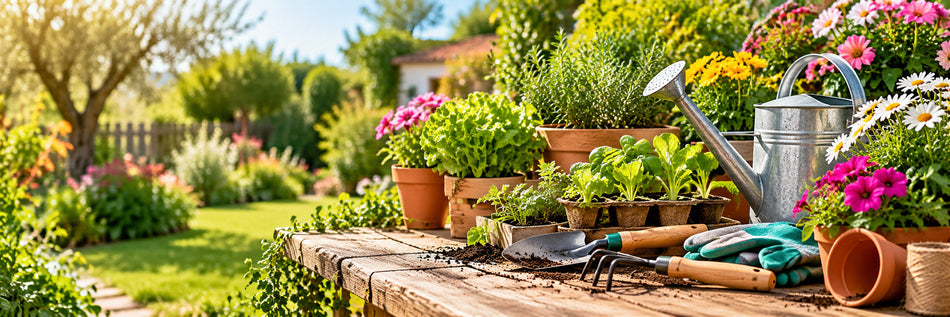 Mesa de jardinería con macetas, plantel de huerta y herramientas en un jardín