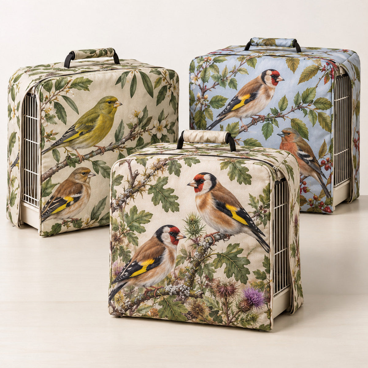 Imagen ilustrativa de fundas C2 con dibujos de jilgueros y aves silvestres