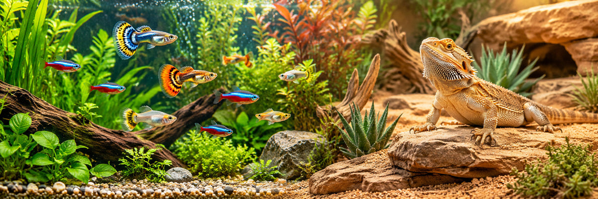 Peces tropicales de acuario y dragón barbudo en terrario natural - Peces y Reptiles