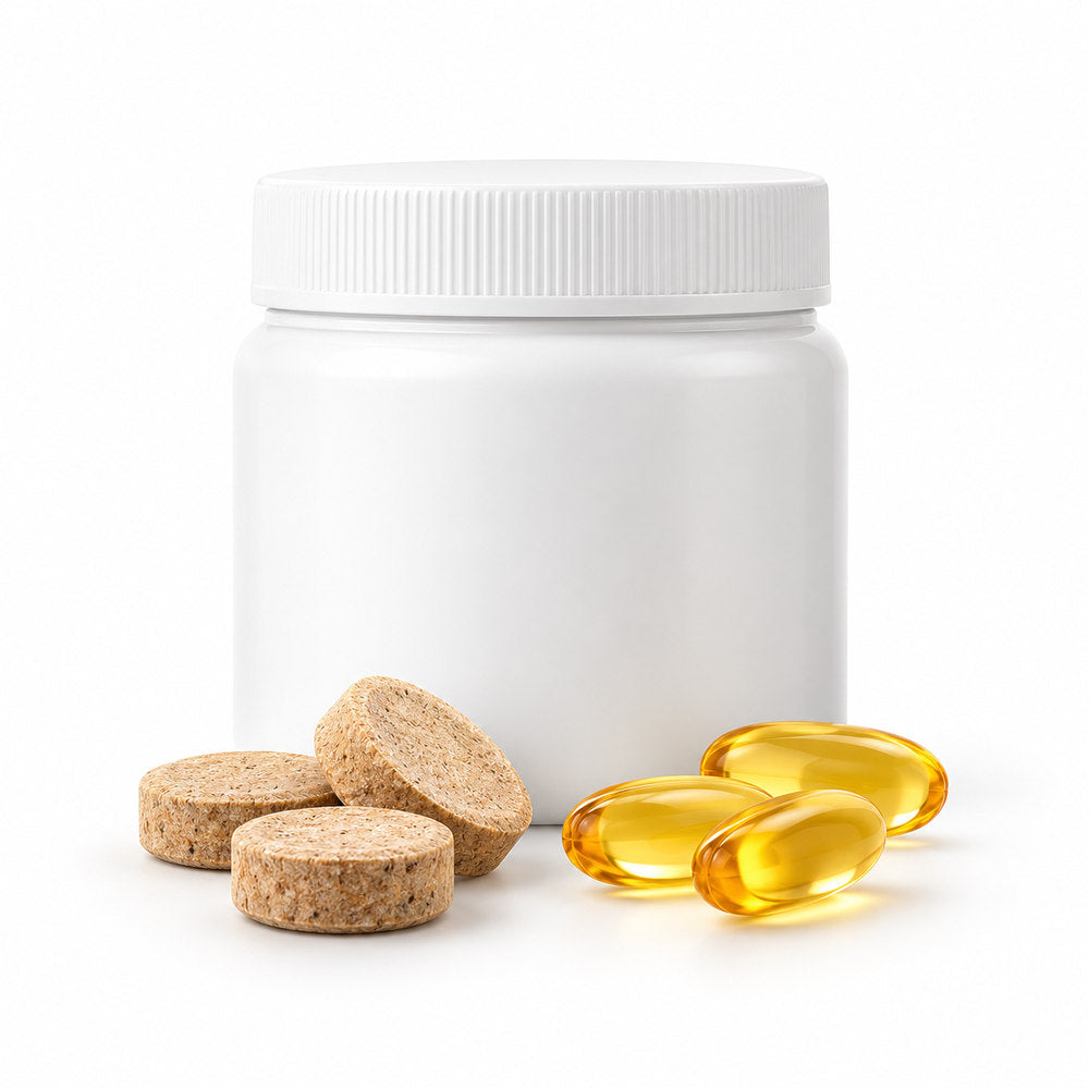 Tarro de suplementos y vitaminas para perros con cápsulas