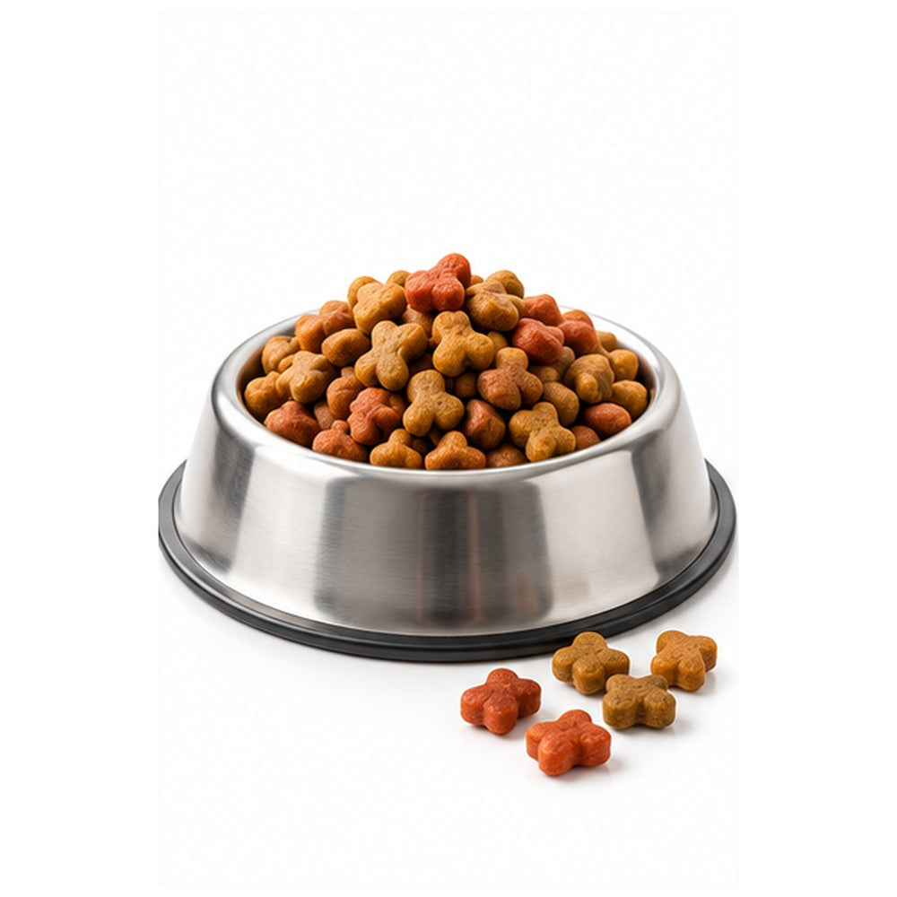 Pienso seco para gatos servido en cuenco de acero, sin envase