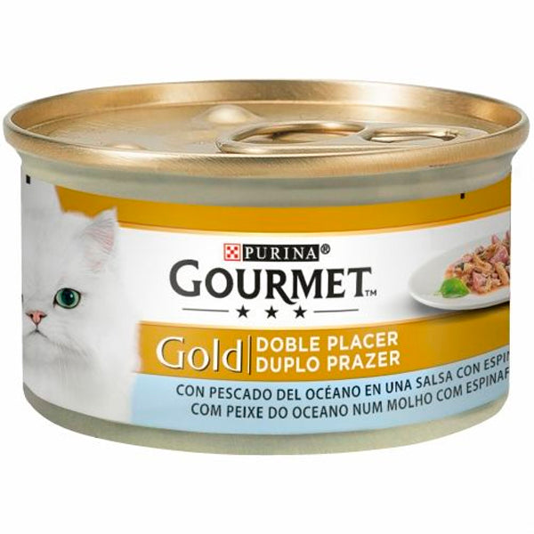 Purina Gourmet Gold Doble Placer Pescado del Océano y Espinacas 85 g | Comida Húmeda Completa para Gatos Adultos | Doble Textura en Lata