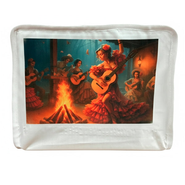 Funda para Jaula C2 con Diseño Flamenco – Flamenca con Guitarra y Hoguera | Tela Resistente con Asa y Cremallera | Protección para Jilgueros y Silvestres | Estilo Artístico