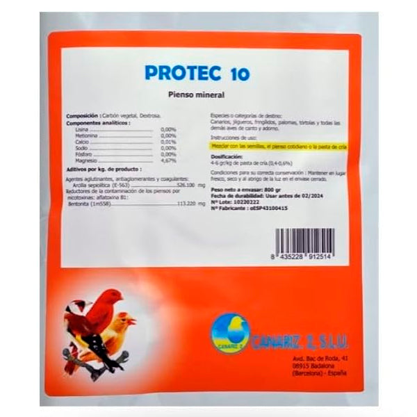 Canariz2 Protec 10 Pienso Mineral para Aves 200 g | Complemento en Polvo con Carbón Vegetal y Dextrosa | Para Semillas, Pienso y Pasta de Cría