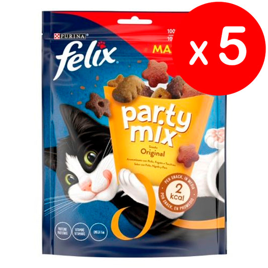 Purina Felix Party Mix Original, Snack, premio para Gato con Pollo, Hígado y Pavo, Maxi Pack 5 bolsas de 200g