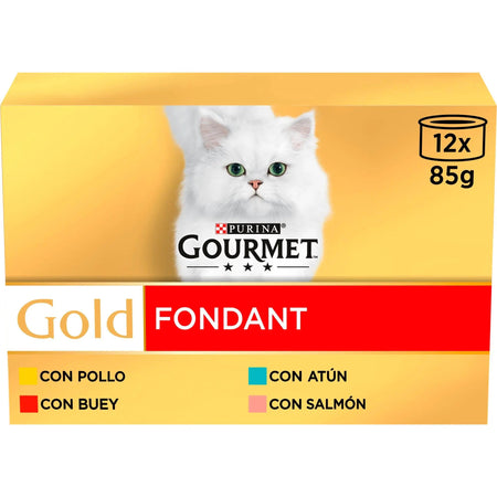 Pack Gourmet Gold Fondant surtido pollo buey atún salmón 12 latas de 85 g