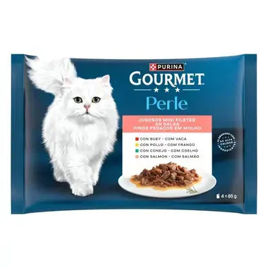 Pack Gourmet Perle finas láminas en salsa buey pollo conejo salmón 4x85 g